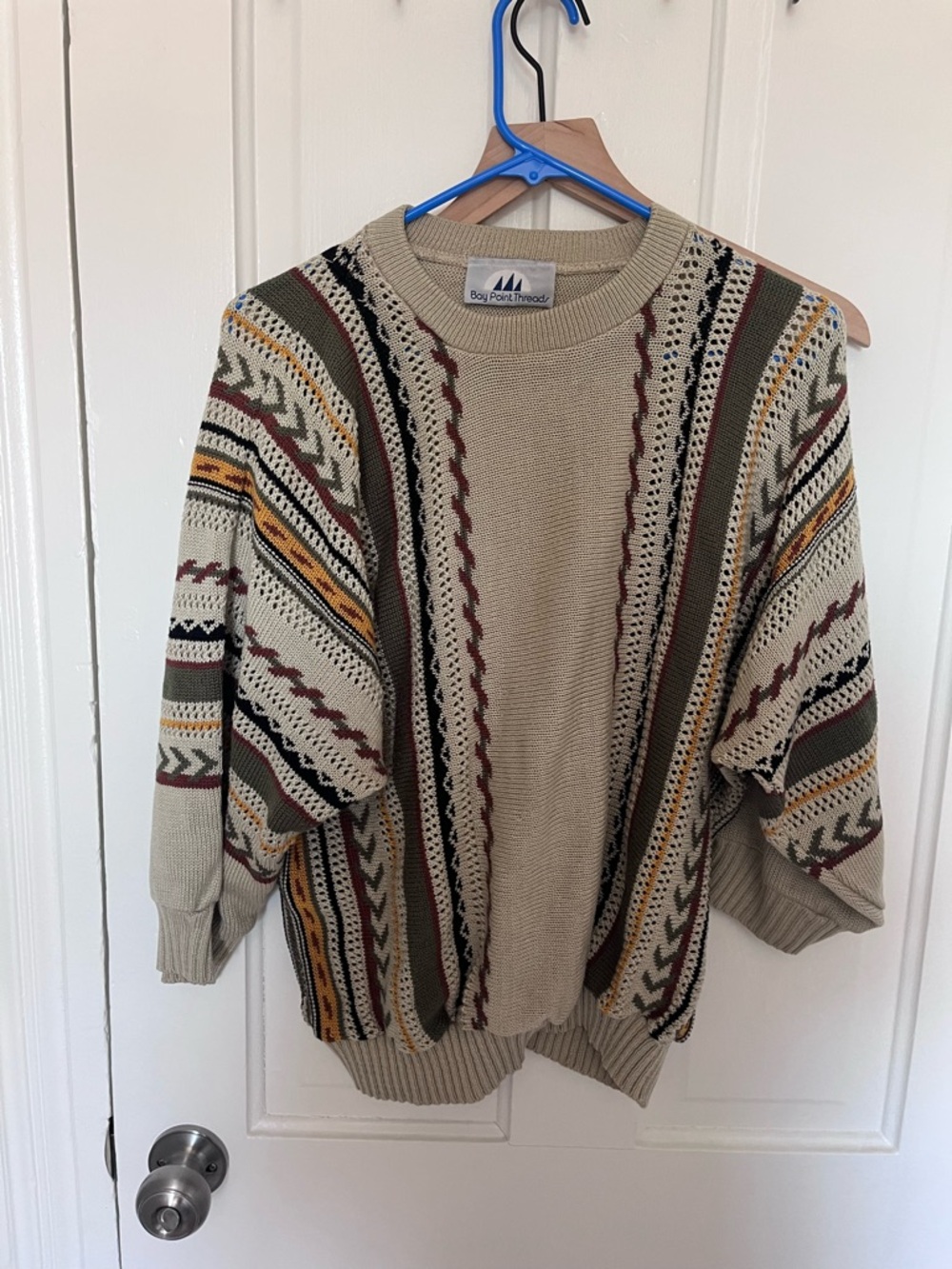 Neutral Patterned Crewneck Sweater - Beige with Multicolor Stripes